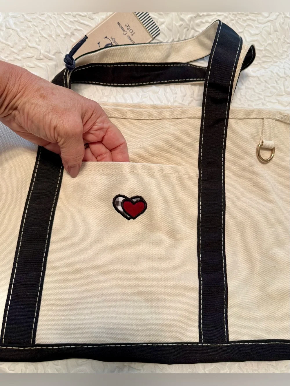 Tote bag - GC Design - white black w/red & plaid hearts.  NEW w/tags. 11x18x6.5”